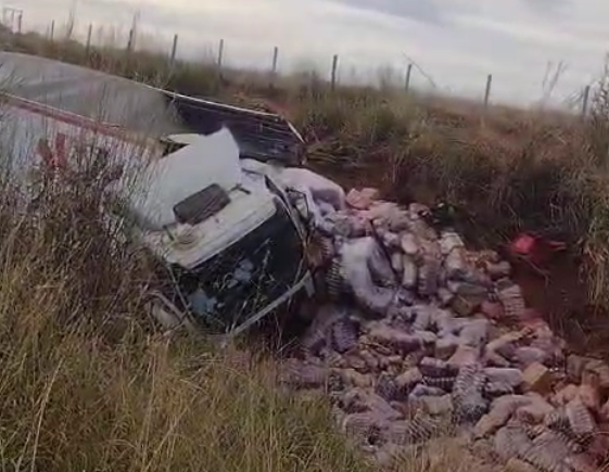 VEJA O VÍDEO: Caminhão da Cristal Alimentos sai da pista e deixa motorista ferido